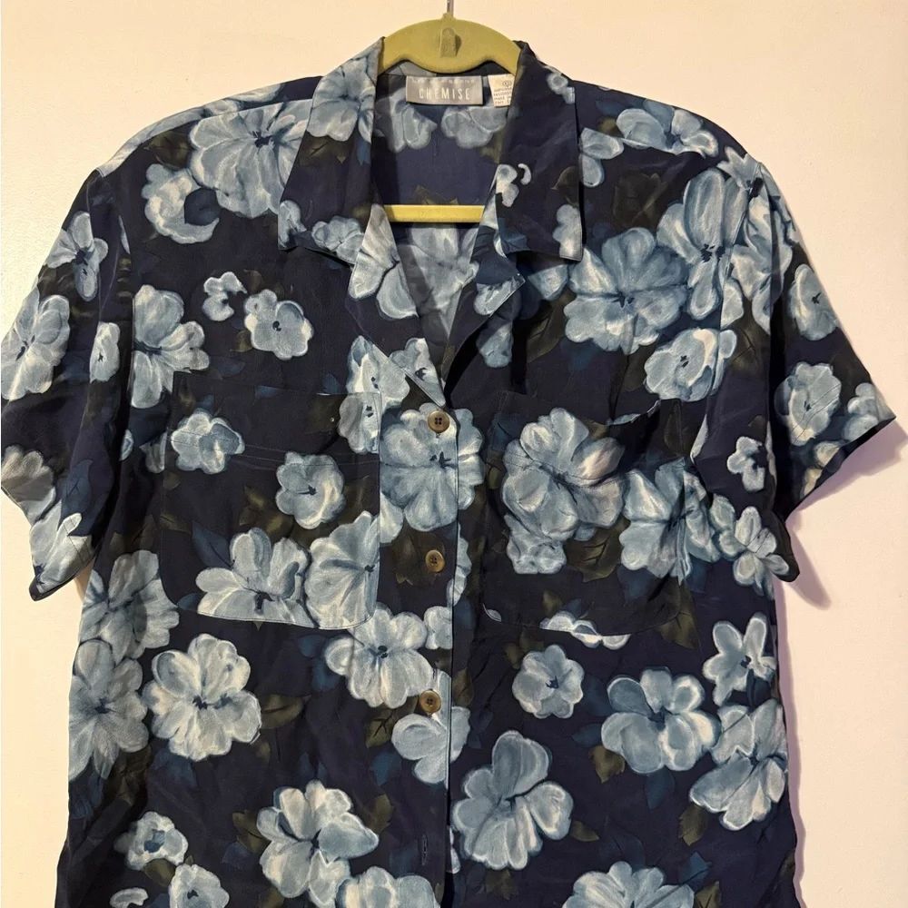 Vintage Hawaiian Floral Silk Shirt - Blue